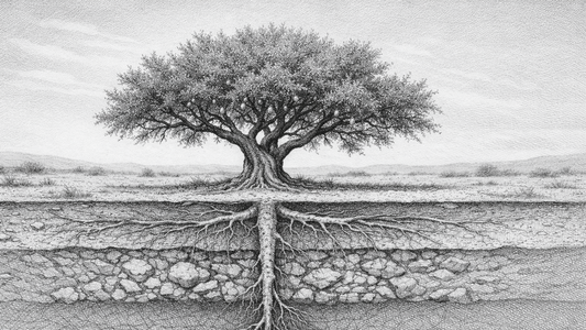 モロッコ南西部の乾燥した大地に根を張るアルガンの木のイラスト