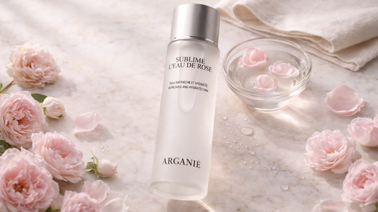 ダマスクローズの花びらとローズウォーターのアルガニエ美容イメージ